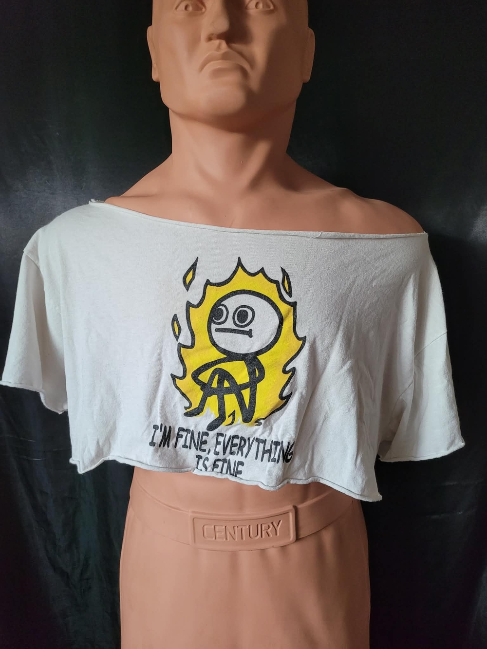Cropped Funny Graphic Off-Shoulder Top with Yellow Flame Stickman Graphic- White